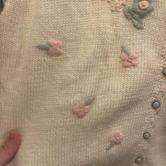 Vintage Floral Embroidered Cardigan pearlized buttons cream pink coquette med - Picture 6 of 10